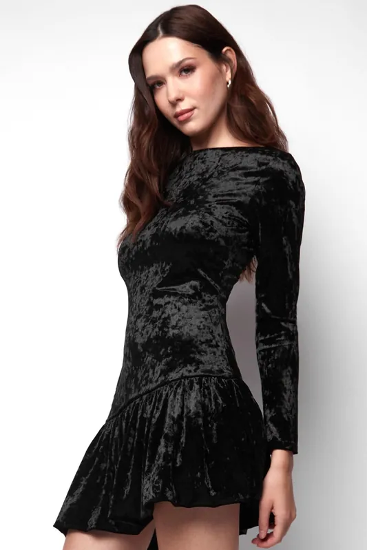 Kyra Black Velvet Bubble Hem Mini Dress - Jaded Rose