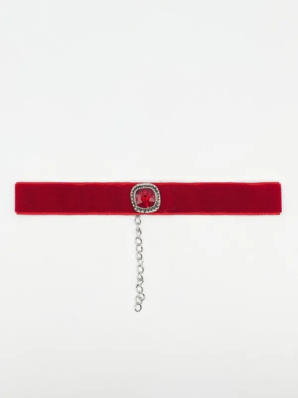 Red Faux Velvet Choker Necklace with Red Jewel - SVNX
