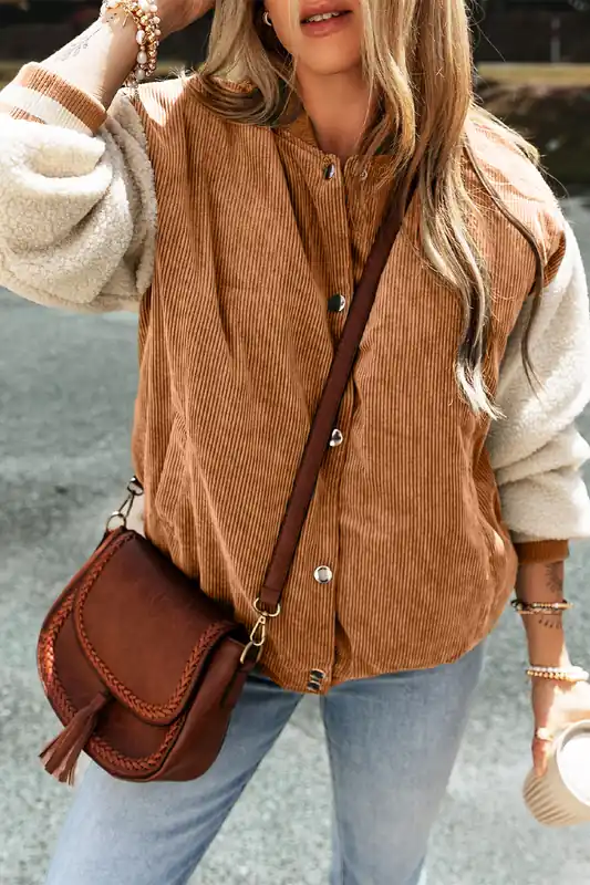 Buckskin Corduroy Fleece Patchwork Buttoned Bomber Jacket - Everyday The Label