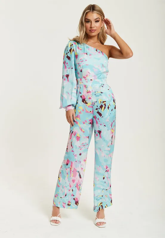 Blue Abstract Print One Shoulder Jumpsuit - Liquorish