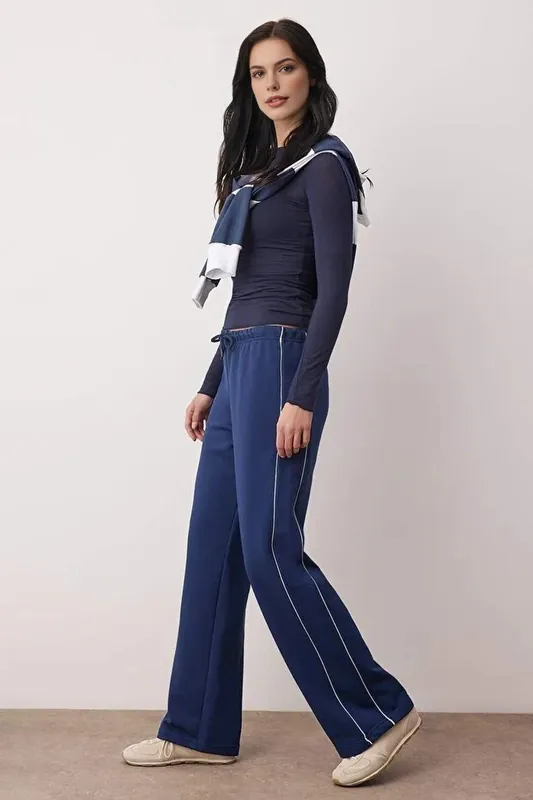 Contrast Piping Drawstring Wide Leg Knit Joggers - WOVCOR