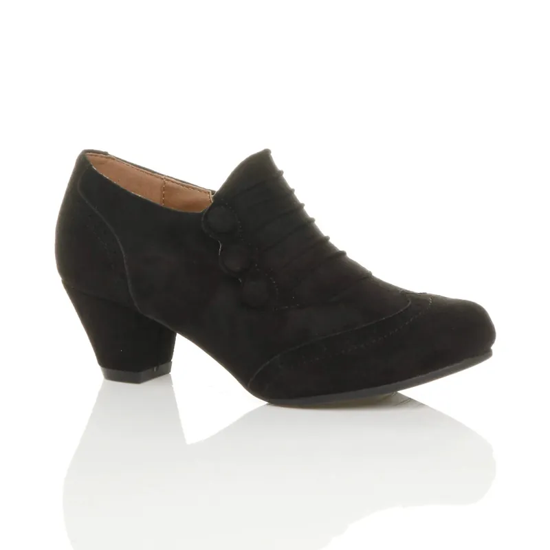 Mid Cuban Heel Brogue Button Ankle Boots - AJVANI