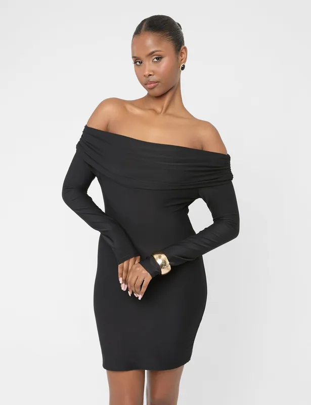 Off The Shoulder Luxe Slinky Mini Dress Black - Public Desire