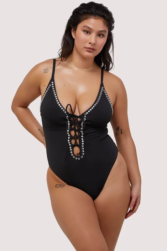 Fuller Bust Black Studded Lace-Up Swimsuit