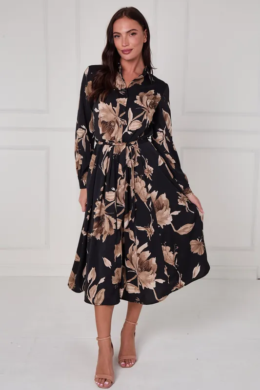 Black Mocha Statement Floral Midi Shirt Dress - Love Sunshine