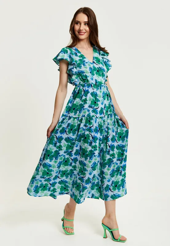 Floral Maxi Wrap Dress In Green And Blue - Liquorish