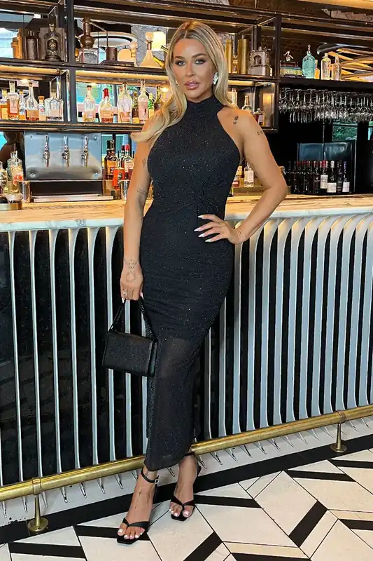 Black Diamante Halter Neck Knot Detail Midi Dress - AX Paris