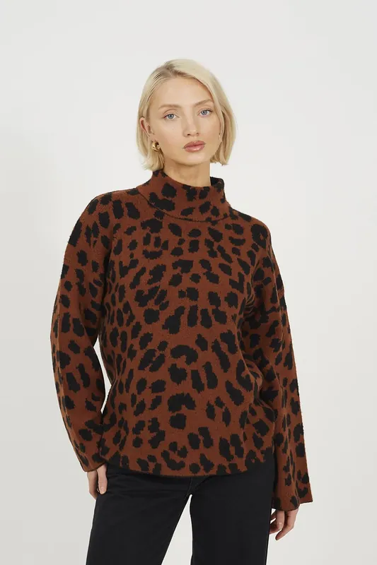 Animal Jacquard Turtle Neck Tunic Jumper - Brave Soul