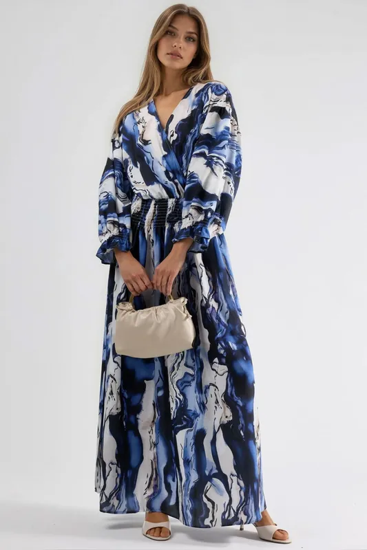Abstract Slit Maxi Dress with V-neck