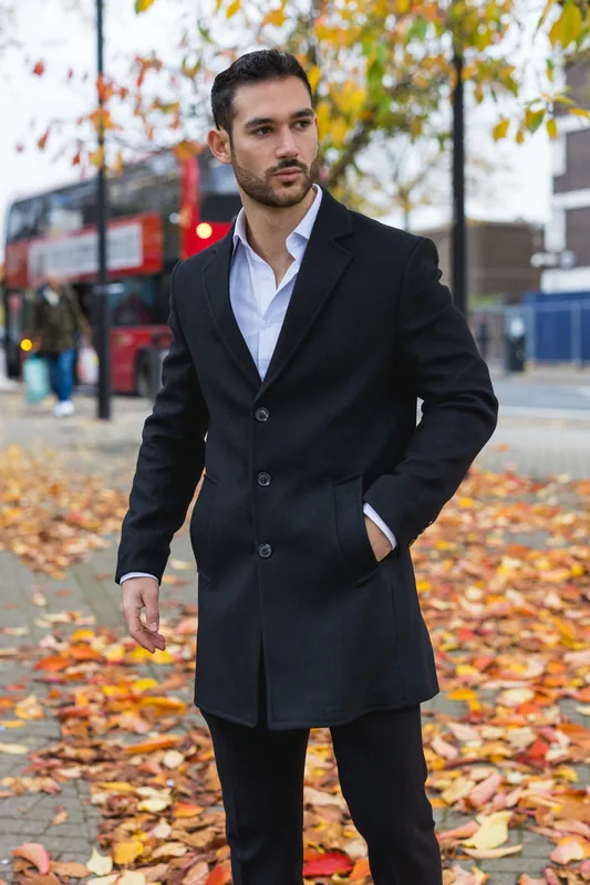 Men's Notched Lapel Collar Wool Blend Overcoat - Infinity Leather