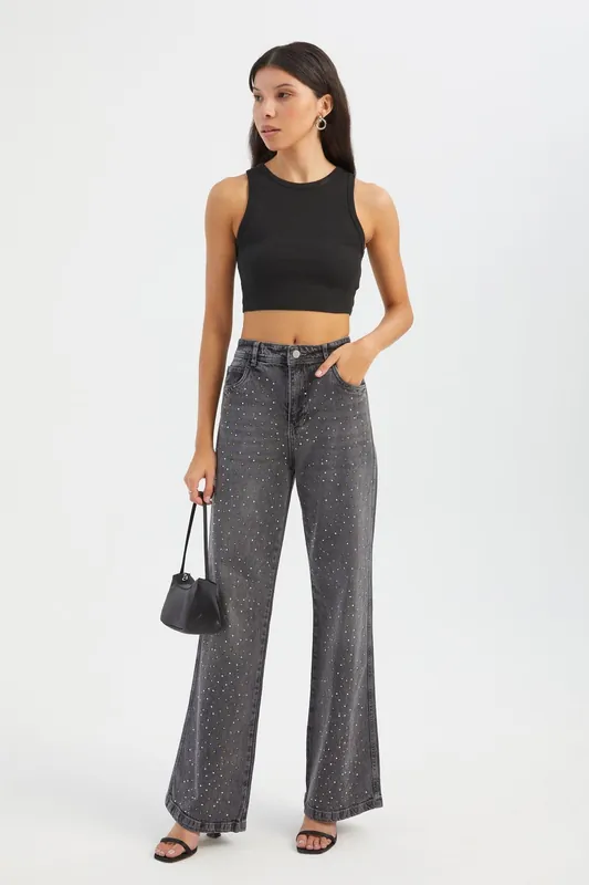 Stone Embellished Mid Rise Wide Leg Jeans - Hiccup
