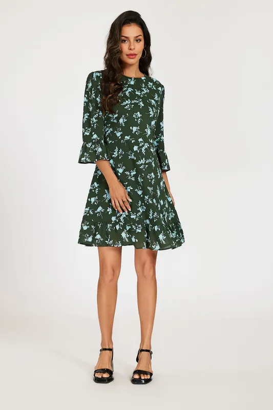 Floral 3/4 Sleeves Mini Dress with Frill Hem - FS Collection