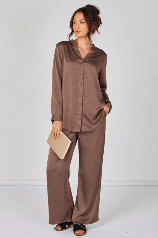Mocha Satin Shirt and Straight Leg Trousers Co-Ord Set