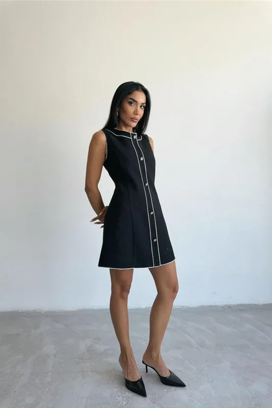 Textured A-Line Mini Dress with Button Closure