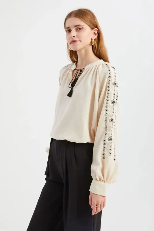 Embroidered Round Neck Long Sleeve Blouse - Hiccup