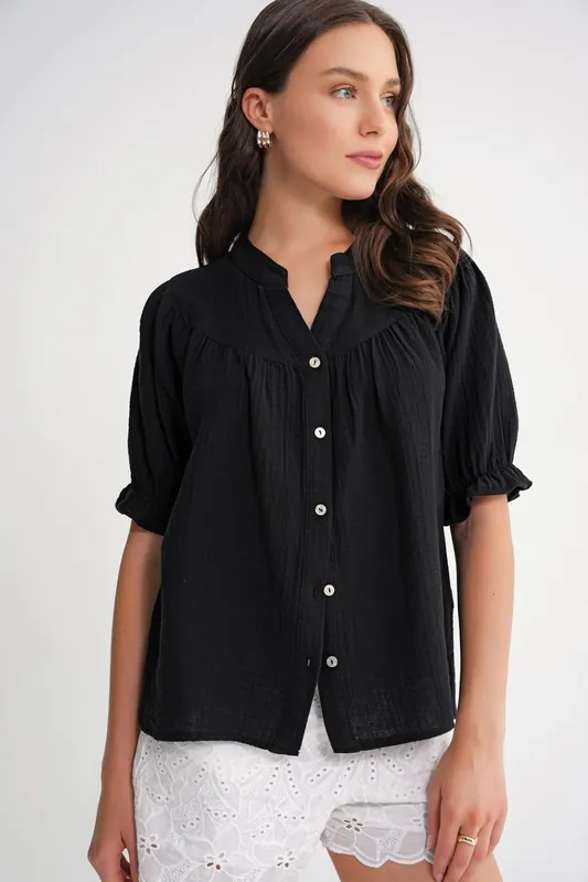 Linen Blend Short Sleeve Buttoned Shirt - MixRay
