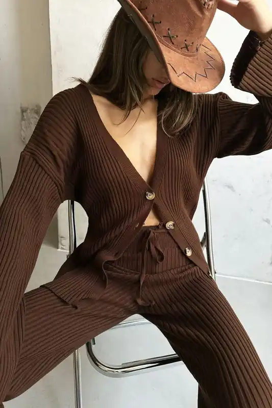V Neck Cardigan & High Waist Drawstring Trousers Set - Hiccup