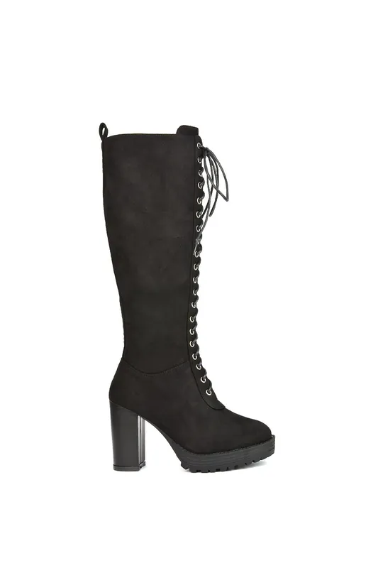 Ruthie' Knee High Block Heel Lace Up Platform Boots - XY London