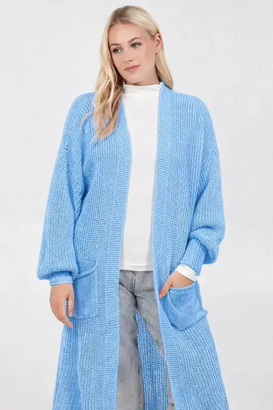 Blue Longline Double Pocket Knitted Cardigan - Blue Vanilla