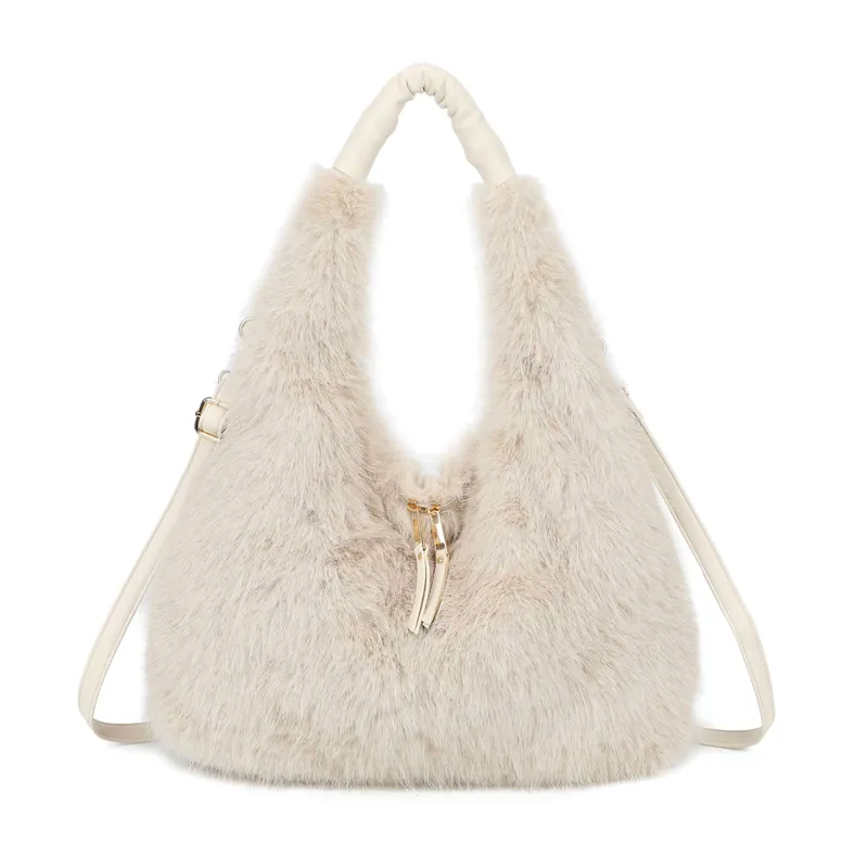 Faux Fur Hobo Shoulder Bag With Detachable Crossbody Strap - Kitise