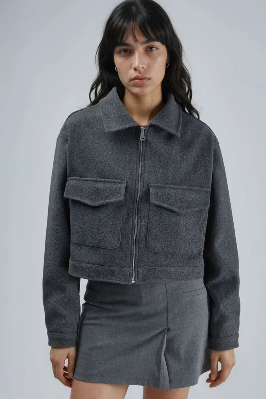 Crop Gabardine Jacket with Zipper and Pocket - Busem