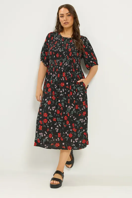 Floral Puff Sleeve Shirred Dress - Yours