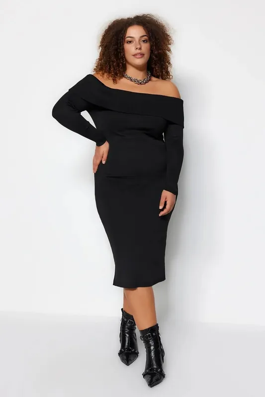 Bardot Off the Shoulder Ribbed Midi Bodycon Dress - WOVCOR