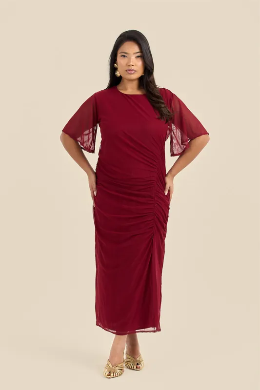Plus Size Ruched Mesh Angel Sleeve Midaxi Dress - FASHION-SZN