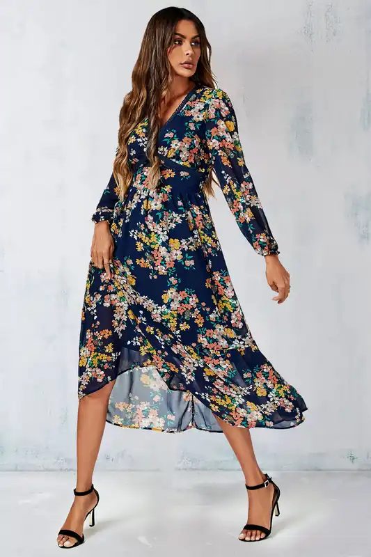 Floral Print Lace Trim Deep V Neck Long Sleeve Midi Dress In Navy - FS Collection