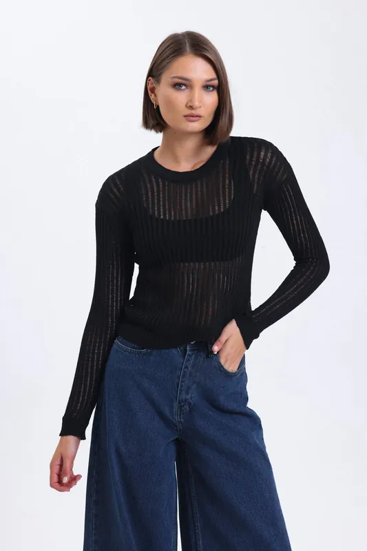 Striped Round Neck Mesh Ribbed Blouse - Hiccup