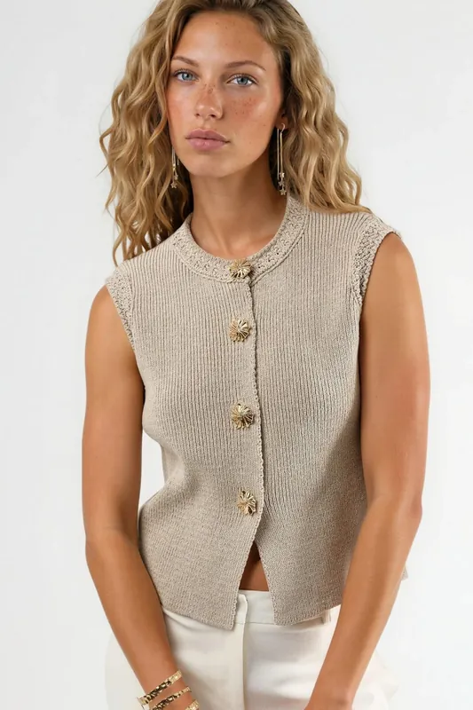 Textured Crew Neck Knit Top with Button Details - QU Style