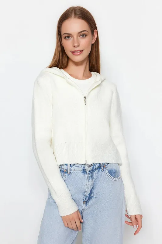 Cropped Hooded Knit Zip Cardigan - WOVCOR