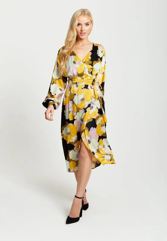 Earth Tone Floral Print Midi Wrap Dress - Liquorish