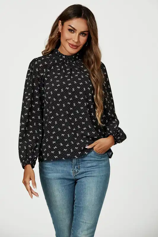 Bow Print Frill Detail High Neck Top In Black - FS Collection
