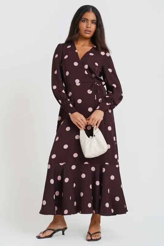 Berry Polka Dot Long Sleeve Wrap Midi Dress - Needs No Label