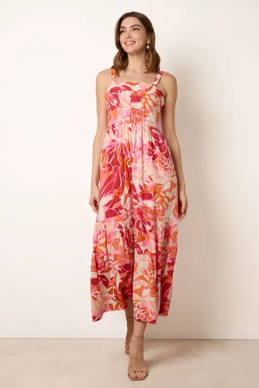 Pink Tropical Print Adjustable Strap Maxi Dress - Blue Vanilla