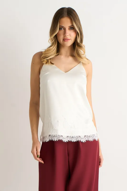 White Lace Trim Satin Cami Top - Gini London