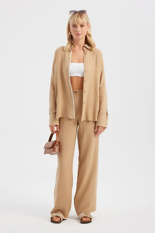 Embroidered Shirt & High Waist Pleated Trousers Co-Ord Set