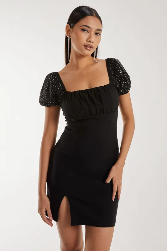Rhinestone Puff Sleeve Strap Back Dress - Pink Vanilla
