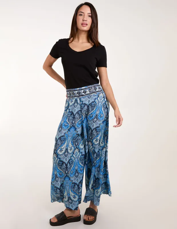 Embellished Waist Wide Leg Trouser - Blue Vanilla