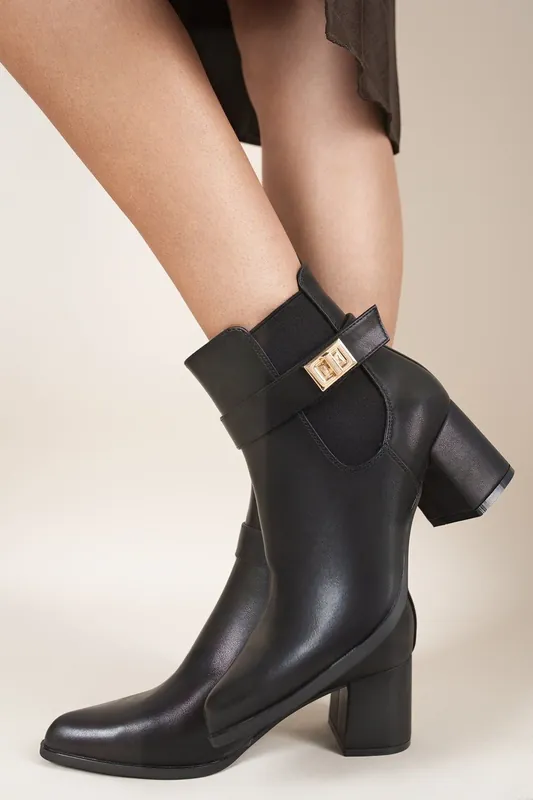 Noeme Side Zip Block Heel Ankle Boots With Buckle Strap Detail - IKRUSH