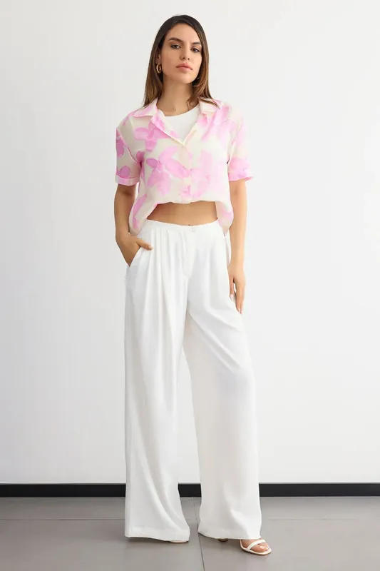 Floral Organza Short-Sleeve Cropped Shirt