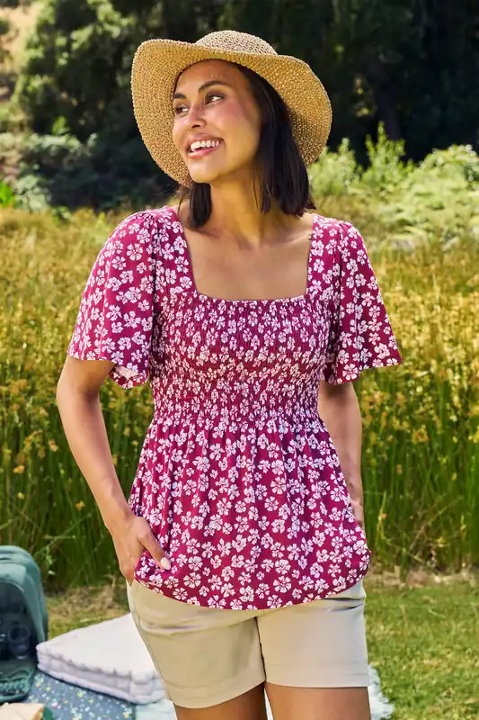 Hydra' Short Sleeved Everyday Summer Shirred Top - Mountain Warehouse