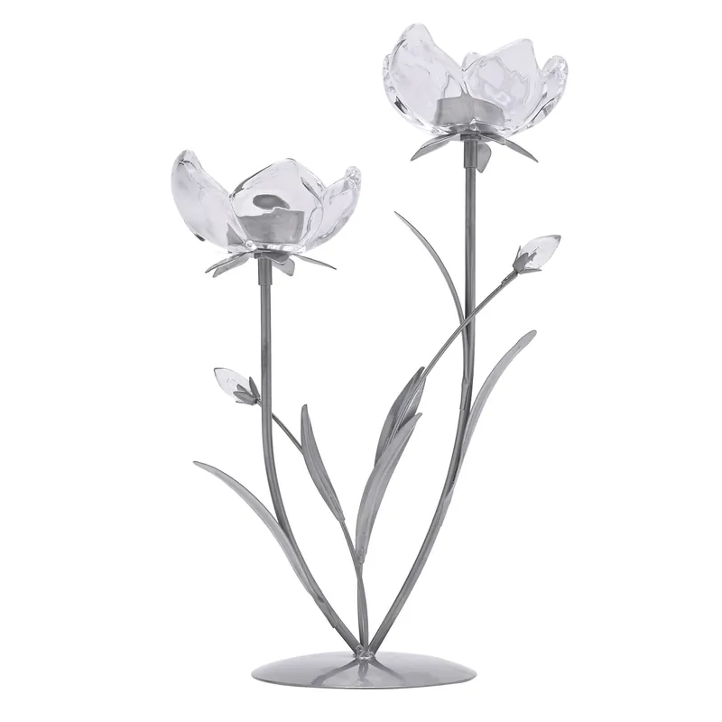 2 Stem Candle Holder With Clear Glass On Silver Base - Hestia