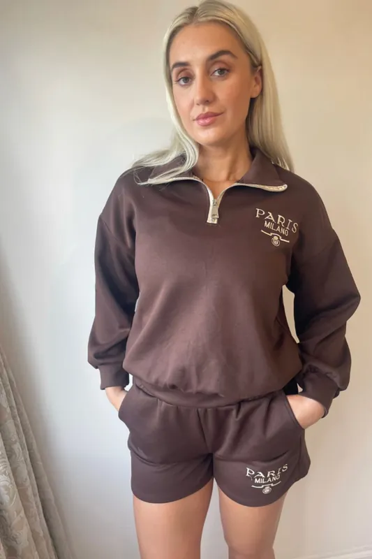 Chocolate Zip Neck Sweatshirt and Short Set - Femme Luxe