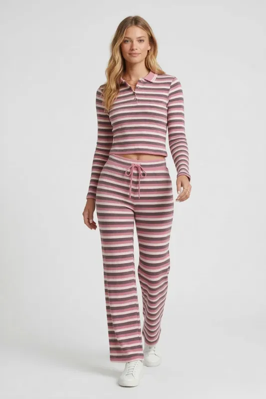 Stripe Button Collar Neck Top and Trouser Co-ord Set