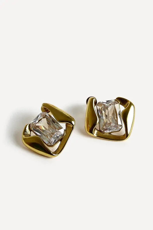 Ice Gold Crystal Square Stud Earrings - Linzi