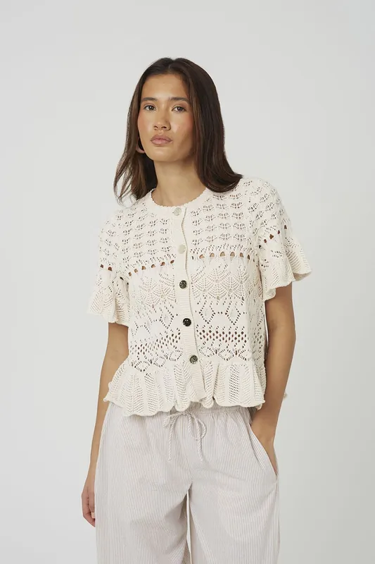 Short Sleeve Pointelle Knit Cardigan With Frill Hem - Brave Soul