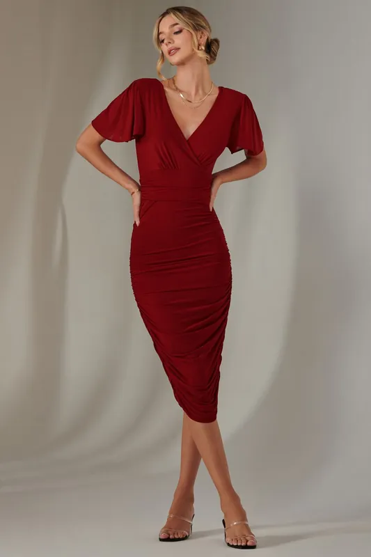 Plain Angel Sleeve Ruched Bodycon Dress - Jolie Moi