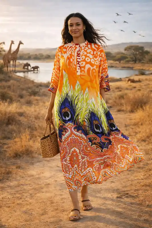 Abstract Print Oversized Maxi Dress in Orange - Belissh